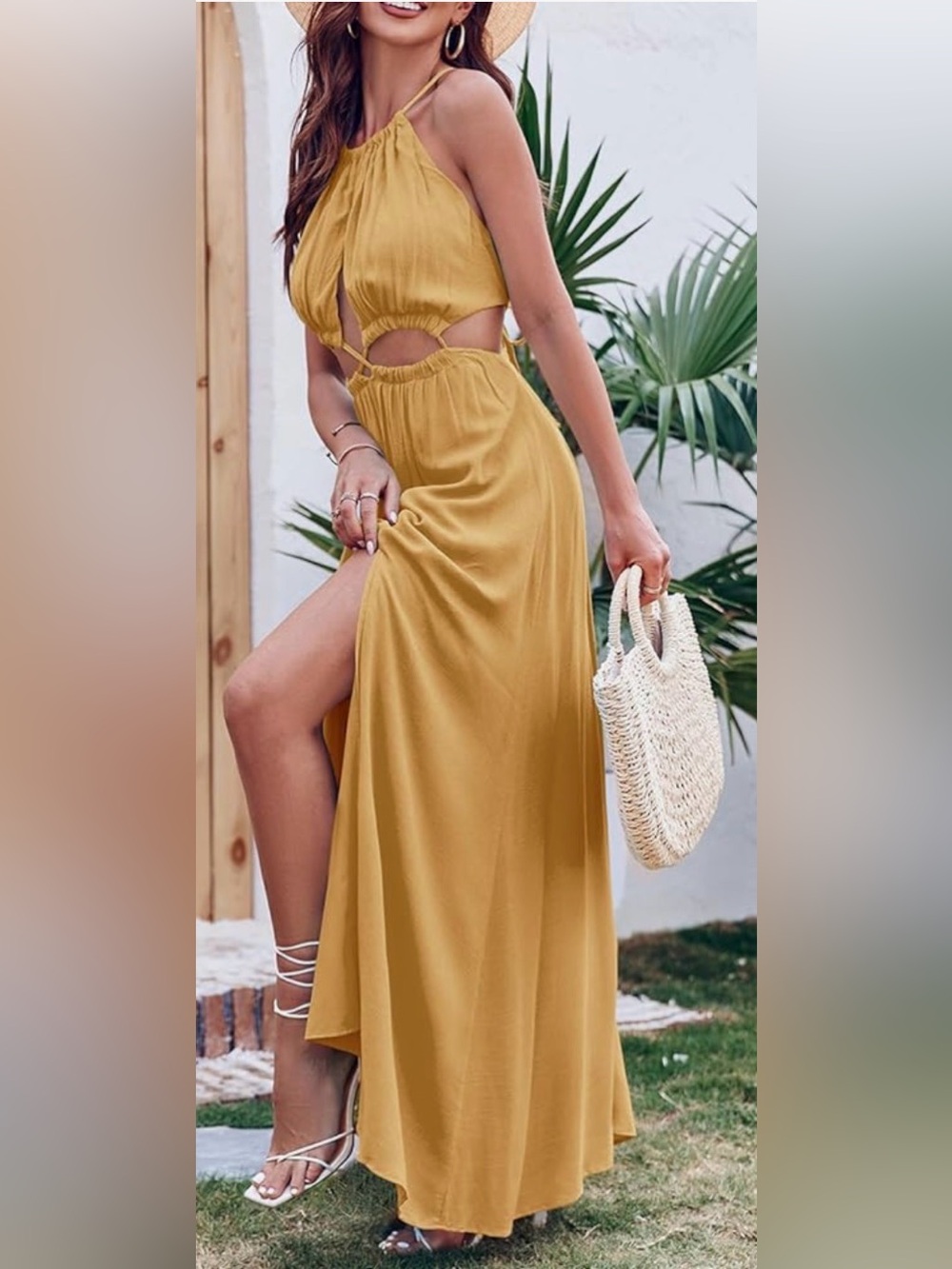 Halter dress w/ cutouts around waist. Front slit Stretchy waist. Subtle yellow M - Picture 4 of 12